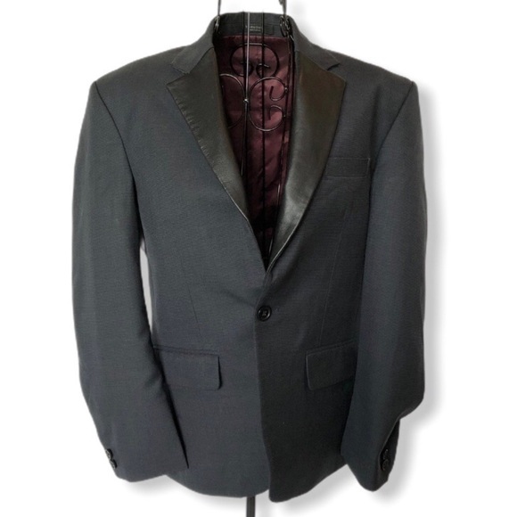 Studio Suits Hand Crafted Blazer Faux Leather Lapels Gray Size Medium - Picture 2 of 9